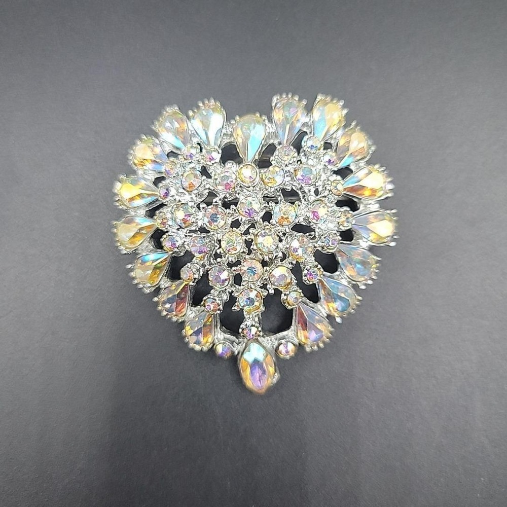 Vintage Silver‎ Tone Aurora Borealis AB Rhinestone Heart Brooch Pendant 1.75in